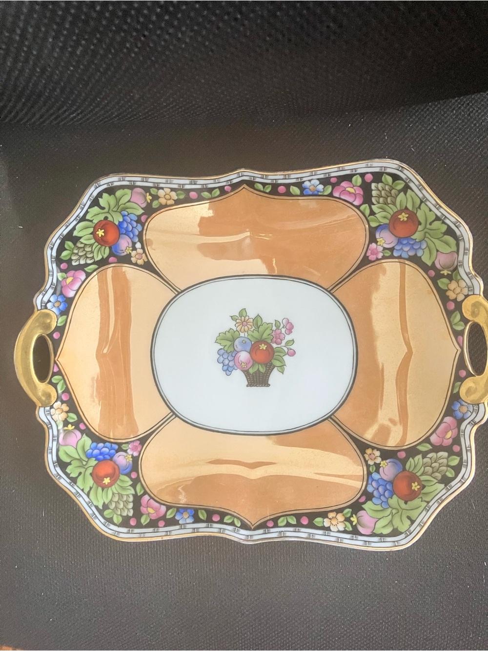 Noritake Peach and Black Floral Gold-Handled Serving Platter